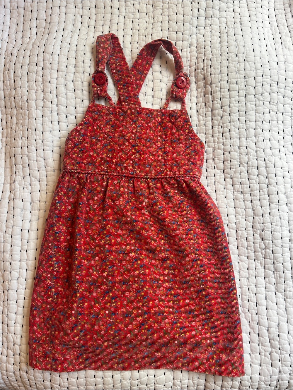 Vintage corduroy Girls Red Floral Pinafore Dress with Adjustable Straps 5T